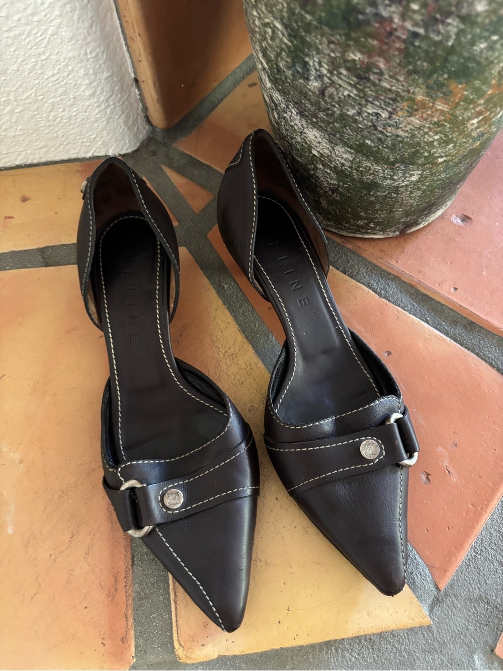Celine Vintage Buckle Mule Kitten Heel in Deep Brown leather.